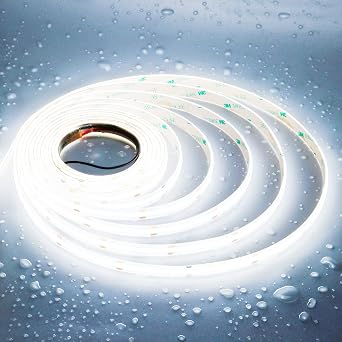 JOYLIT 24V COB LED Strip Lights 16.4ft 6000K Cool White IP65 Waterproof 9000LM Ultra Bright CRI 95 +، UL Listed Premium 90W 480LEDs / M Dotless Adhes Tape Light for Commercial، Home Task Light
