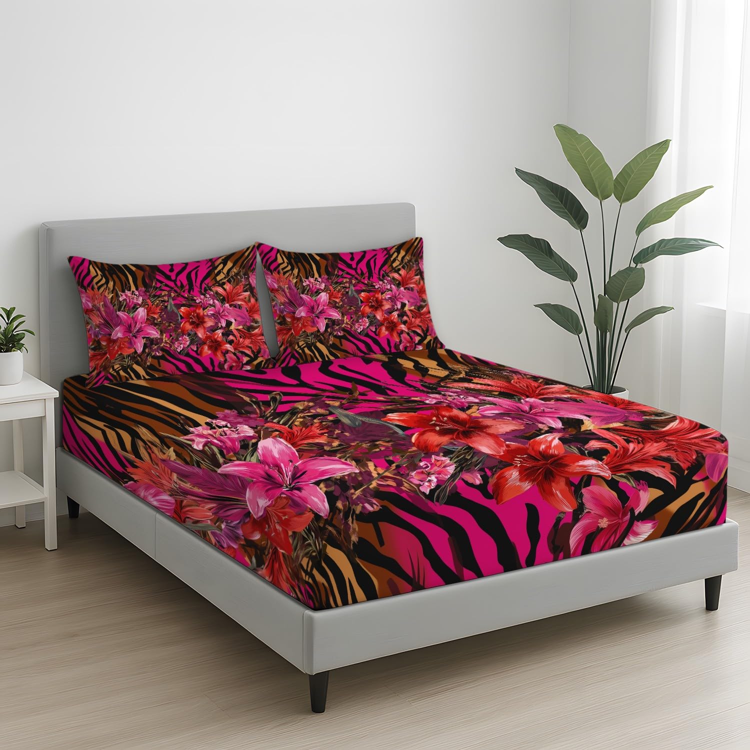 Juego de sábanas bajeras tamaño king con estampado de plantas y animales, 30 cm de profundidad, diseño de flores silvestres, microfibra cepillada suave, resistente a la decoloración, transpirable, 150