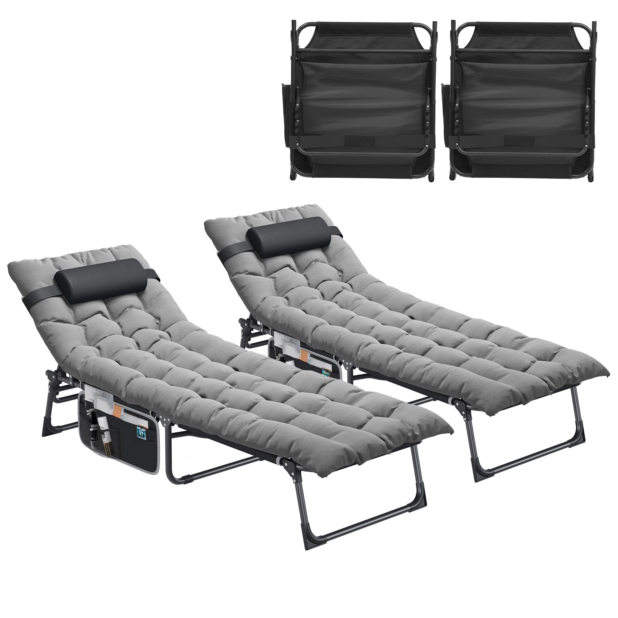 YITAHOME 2X Tumbona Plegable Playa con Cojín 190x68x31cm Tumbonas Jardin Exterior 4 Posiciones Ajustables Tumbonas Piscina con Bolsillo Lateral Carga de 300lbs para Jardín, Camping, Gris