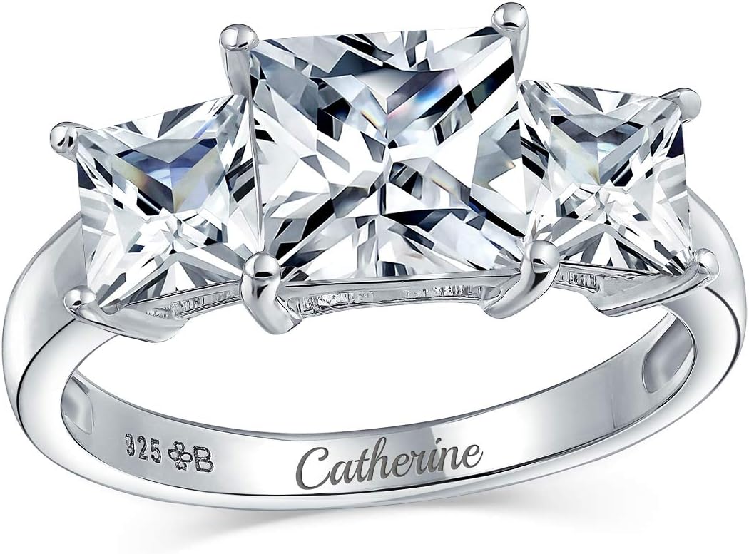 Bling Jewelry Personalize 3CTW Square AAA CZ Princess Cut Promise Ring Cubic Zirconia Past Present Future Three Stone Engagement Ring for Women .925 Sterling Silver Customizable