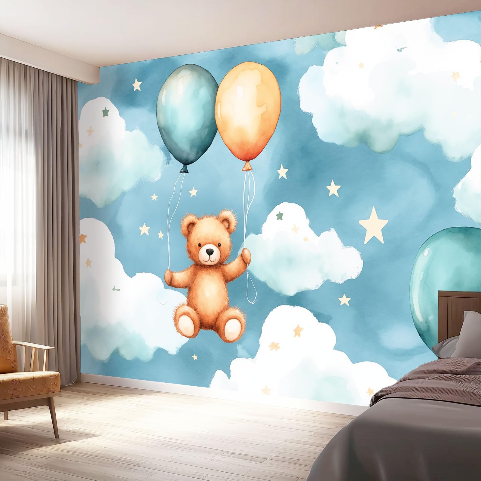 Panoramiczna tapeta 400 x 280 cm, akwarela kreskówka balon pluszowy miś salon sypialnia dekoracja domu - tapeta z włókniny 3D szary niebieski