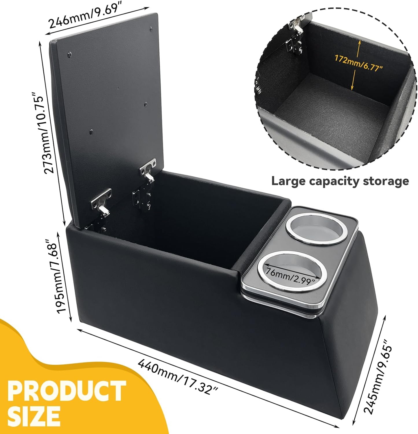 Universal Truck Seat Organizer with Armrest & Padded Lid, Black Storage Box for Car Organization, 2 Cup Holders, Heavy-Duty Non-Slip Base for SUV Pickup Truck