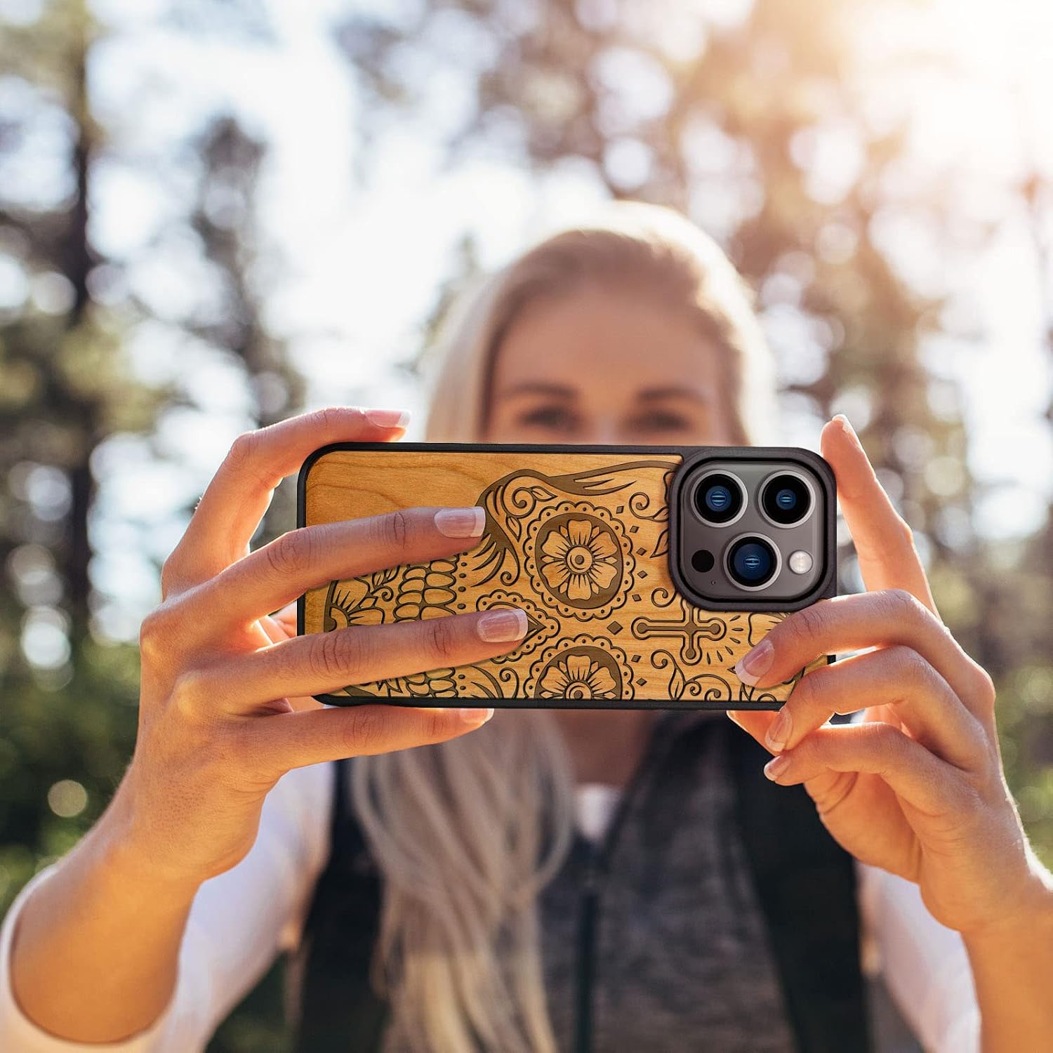 Carveit Magnetic Wood Case for iPhone 14 Pro Case [Natural Wood & Black Soft TPU] Unique & Classy Wooden Shockproof Protective Cover Compatible with magsafe (Sugar Skull -Cherry)