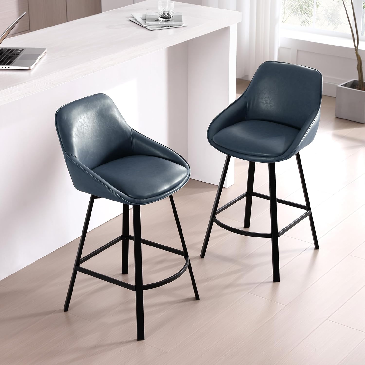 Zesthouse Swivel Bar Stools Set of 4, 26" Modern Counter Height Bar Stools with Low Backs, Upholstered Faux Leather Bar Chairs for Kitchen Counter, Blue Island Chairs with Metal Legs