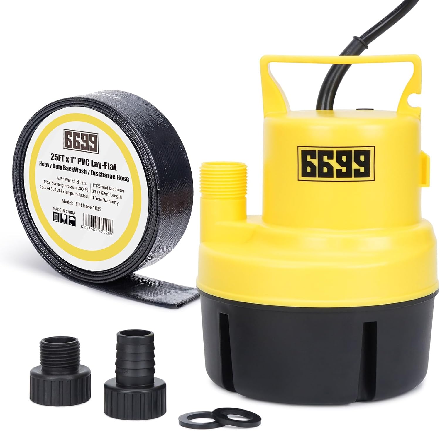 1/4HP Submersible Sump Pump and 1" x 25FT Lay Flat Hose Easy to Use for Draining Water