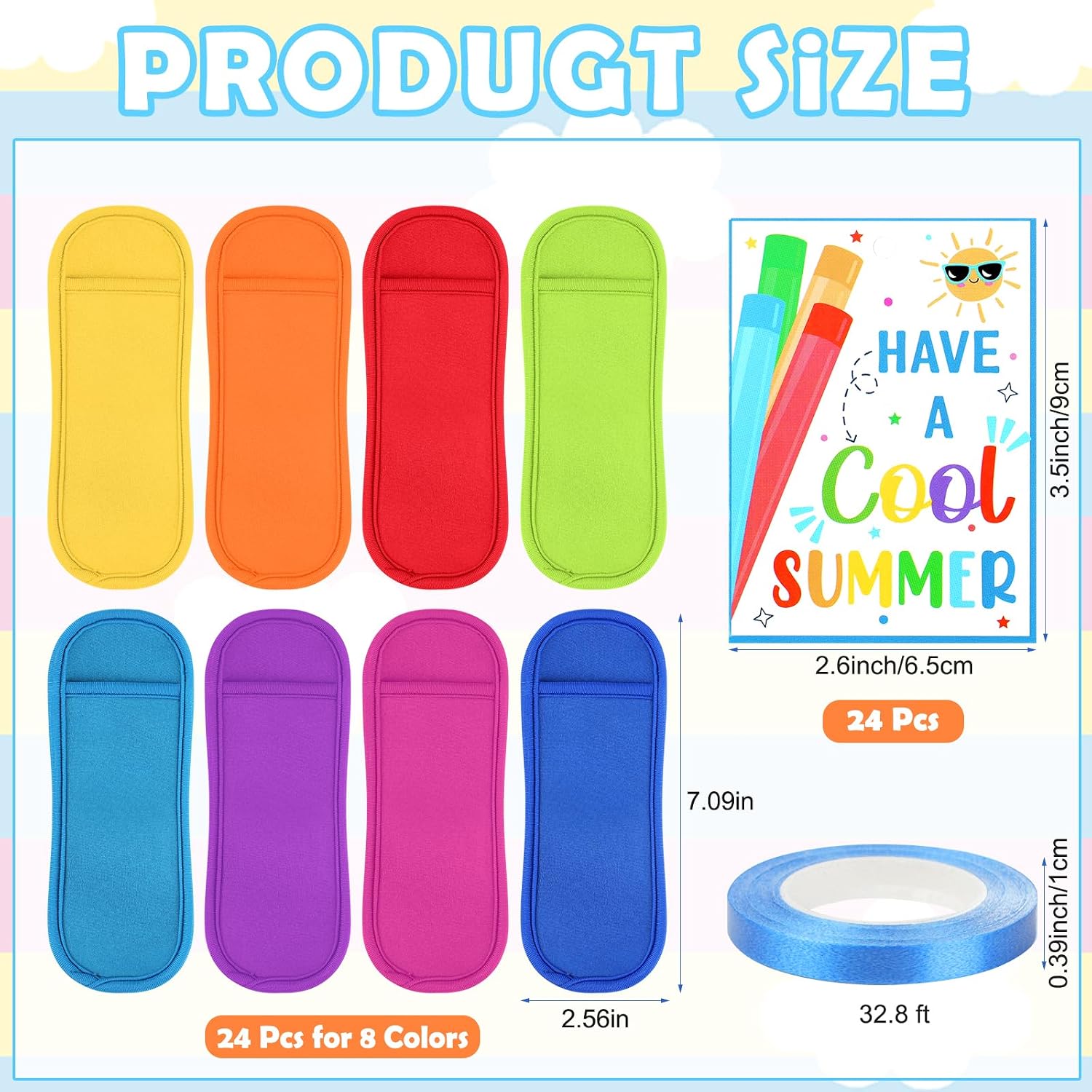 24 Set End of Year Student Gifts Bulk, Reusable Ice Pop Sleeves with Have a Cool Summer Card and Ribbon, Antifreezing Freezer Pop Sleeves Summer Student Gifts for End of Year Classroom Prizes