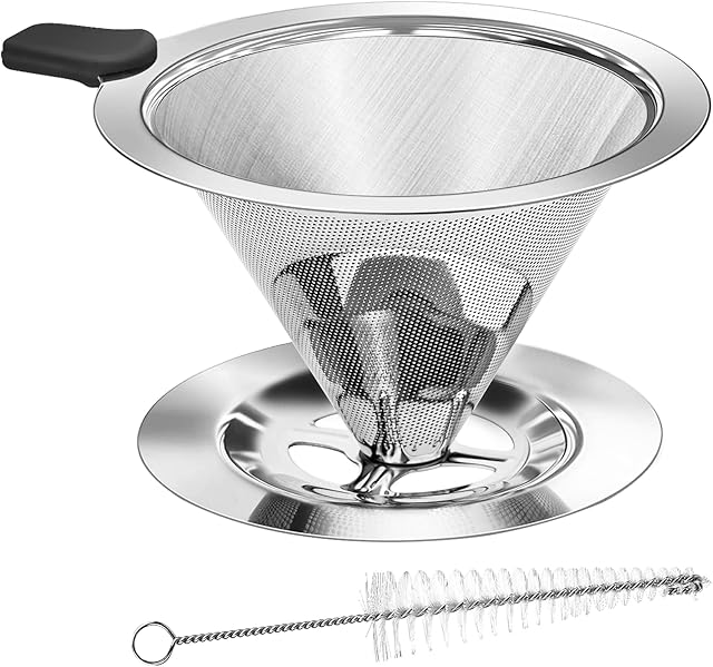 Wenearn V-Shaped Reusable Coffee Filter Cup, Stainless Steel Paperless Coffee Maker Filter, Double Layer Mesh Pour Over Coffee Dripper, Permanent Coffee Drip Cone Filter for Camping Travel