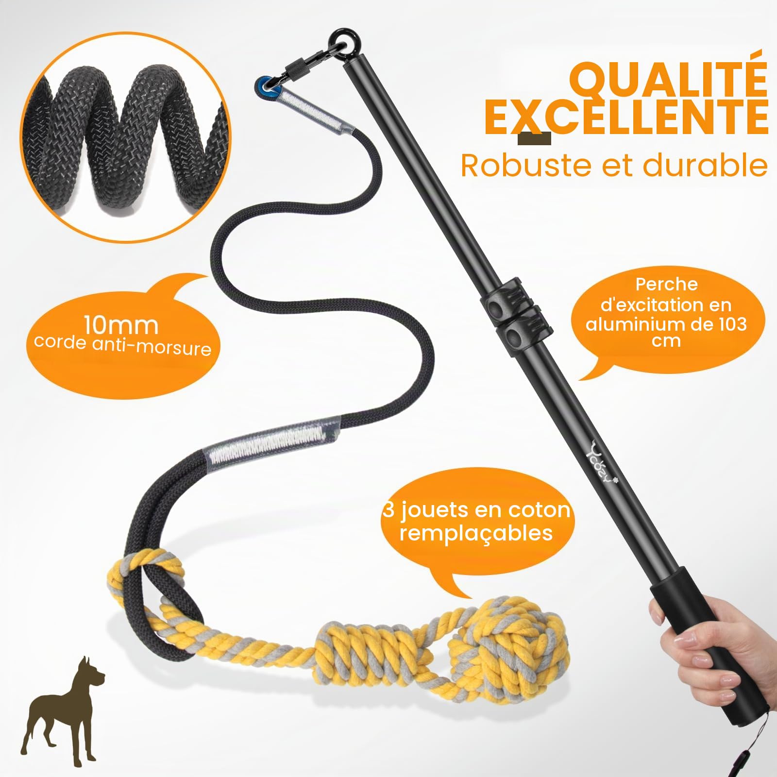 Ycozy Flirt Pole pour Chien, Teaser Extensible 103cm avec 3 Rechange Jouets de Corde Interactif pour Chien Tug Extérieur Exercice