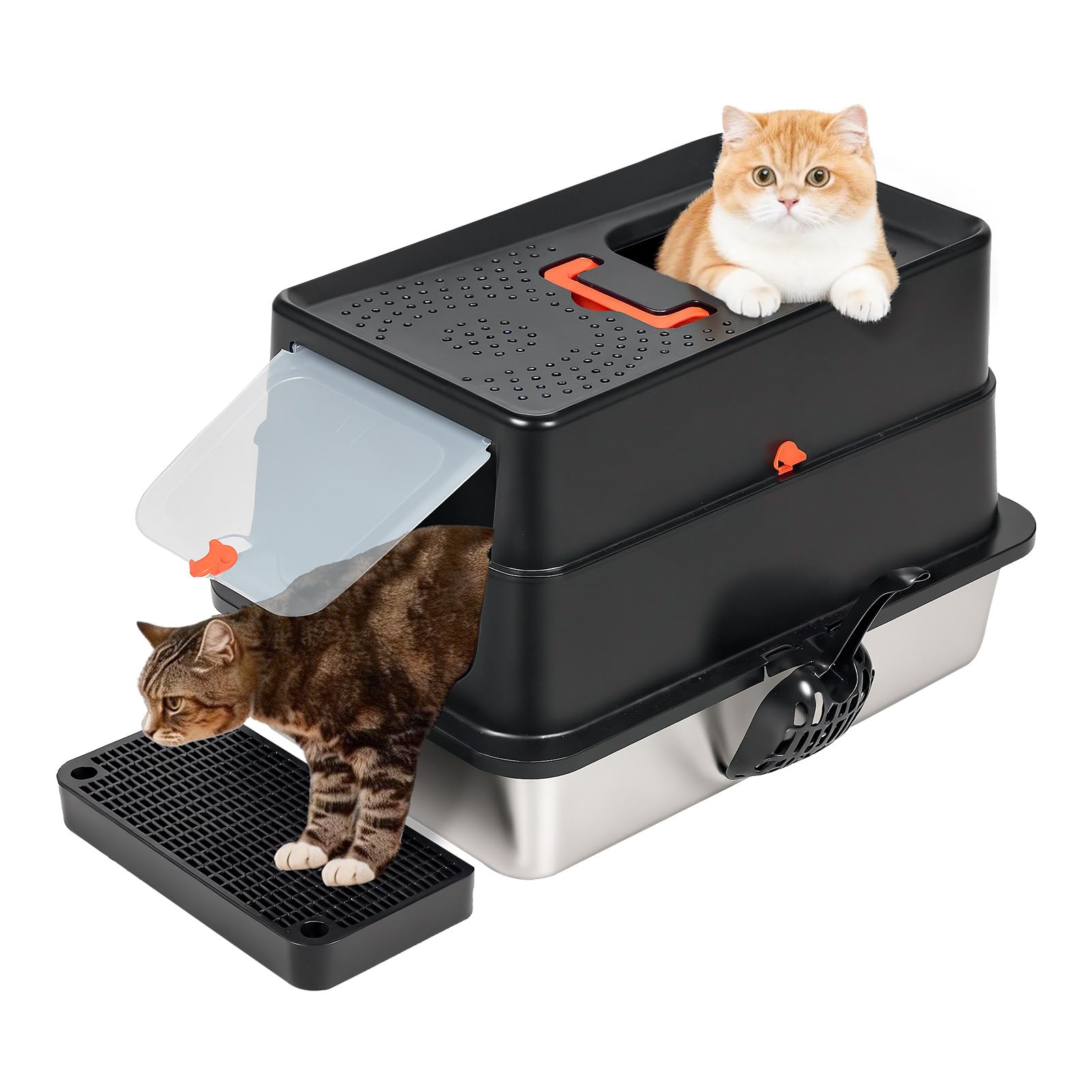 Skylos Extra Large Stainless Steel Cat Litter Box with Lid, 60cm High Sided Enclosed Cat Litter Tray for Cats & Multi-Cat Homes, Splash Proof, Odour Control, Removable Top, Litter Mat & Scoop Included