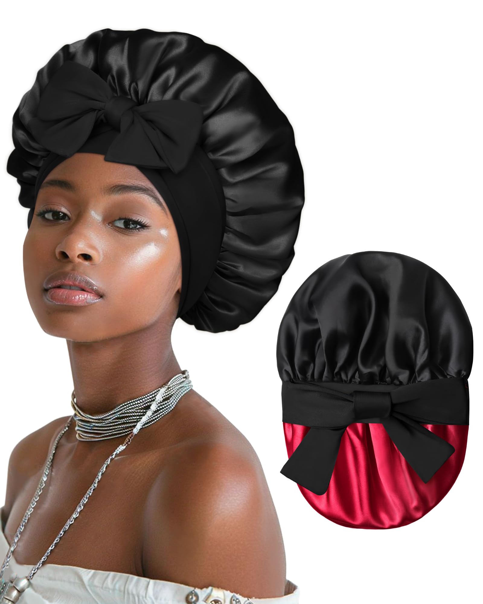 Satin Bonnet for Women Silk Bonnets for Sleeping Curly Hair Bonnet with Elastic Tie Band Reversible Double Layer Sleep Cap Hair Wrap (Black + Red)