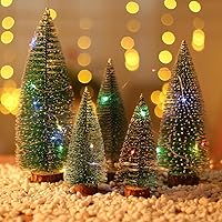 Vista 7 de 7 árboles de Navidad pequeños, cepillo para botellas, árboles de Navidad de sisal, nieve, árboles de pinos con base de madera, mesa de mesa, mini