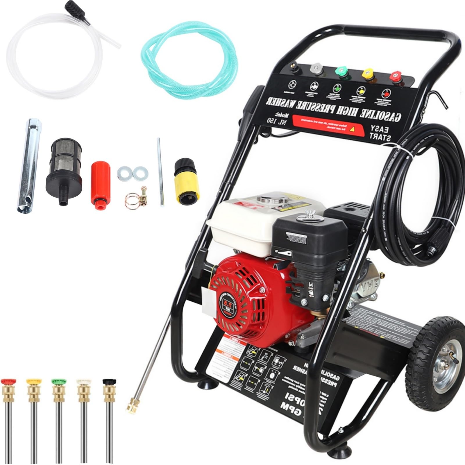 High Pressure Petrol Cleaner 7.5 HP with High Pressure Lance + 5 Nozzles + 10 m Hose Kit, Professional Pressure Washer Kit Suitable for Terraces, Cars and Gardens