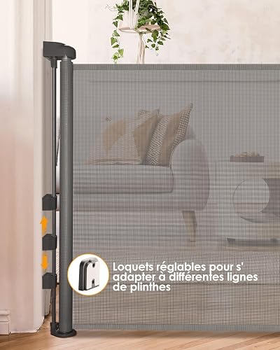derimkcoa Barrière de Sécurité Enfant 0-180cm, Extensible et Rétractable, pour Bébé/Chien, Escaliers, Couloirs, Intérieur et Extérieur (Gris) - 5