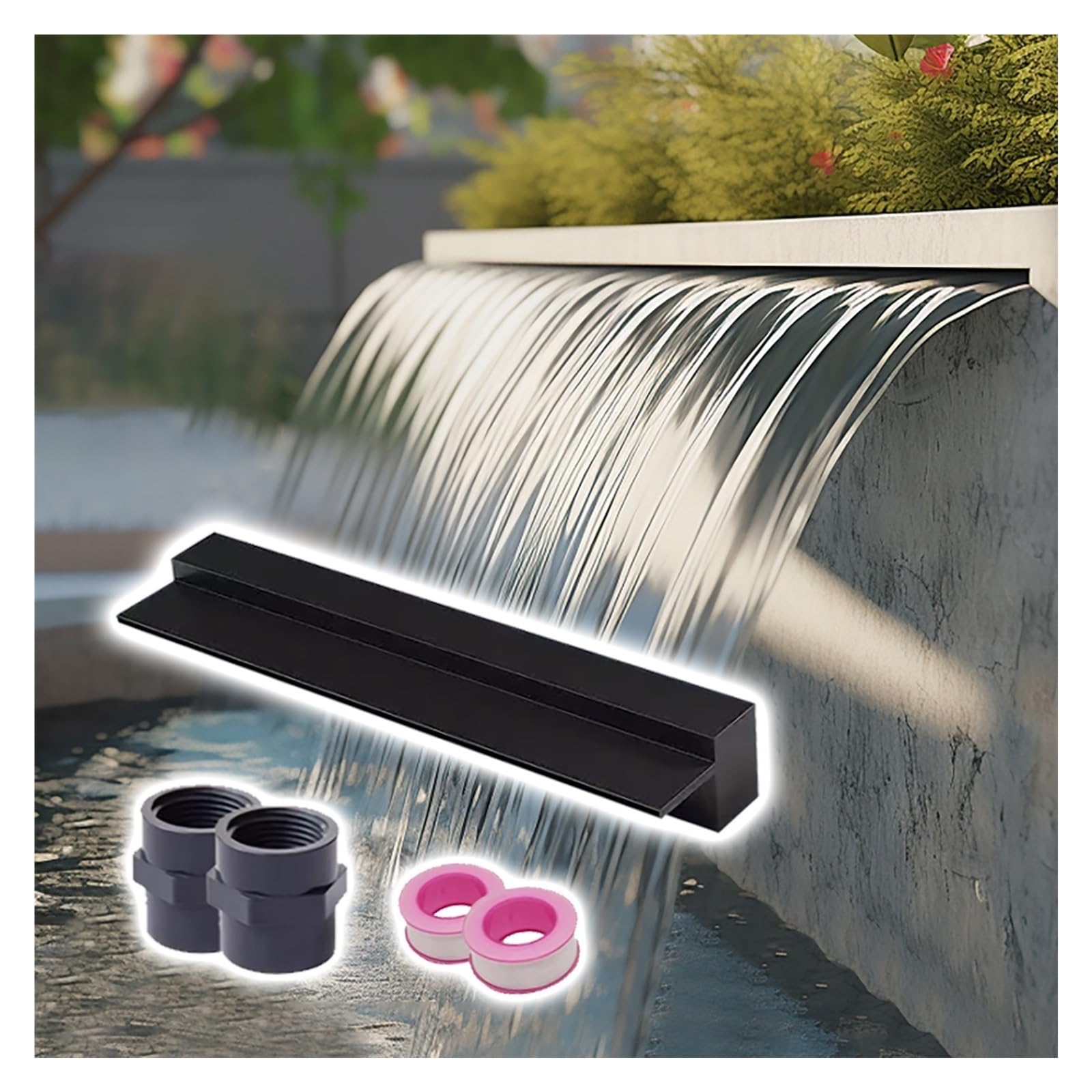 Cascada Piscina Filtro de estanque Aquascape de acero inoxidable 304 y aliviadero de cascada, 30, 80, 100, 120, 160, 180 y 200 cm, decoración de flujo de agua empotrada en la pared(Black,30cm/11.8inch