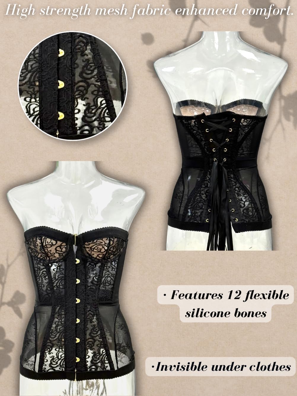 ChiaoLezhee Women's 3D Embroidered Floral Lace Corset, Sexy Sheer Boned Bustier Top for Going Out & Lingerie, Fits Size 00-12