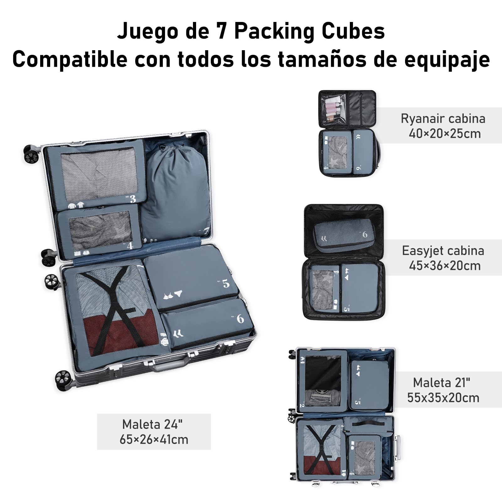 ECOHUB Organizador Maleta de 7 Piezas Packing Cubes de Resistente al Desgarro Organizador Mochila Ecológico Organizador de Viaje Organizador de Equipaje Cubos de Embalaje para Ropa, Zapatos (Gris)