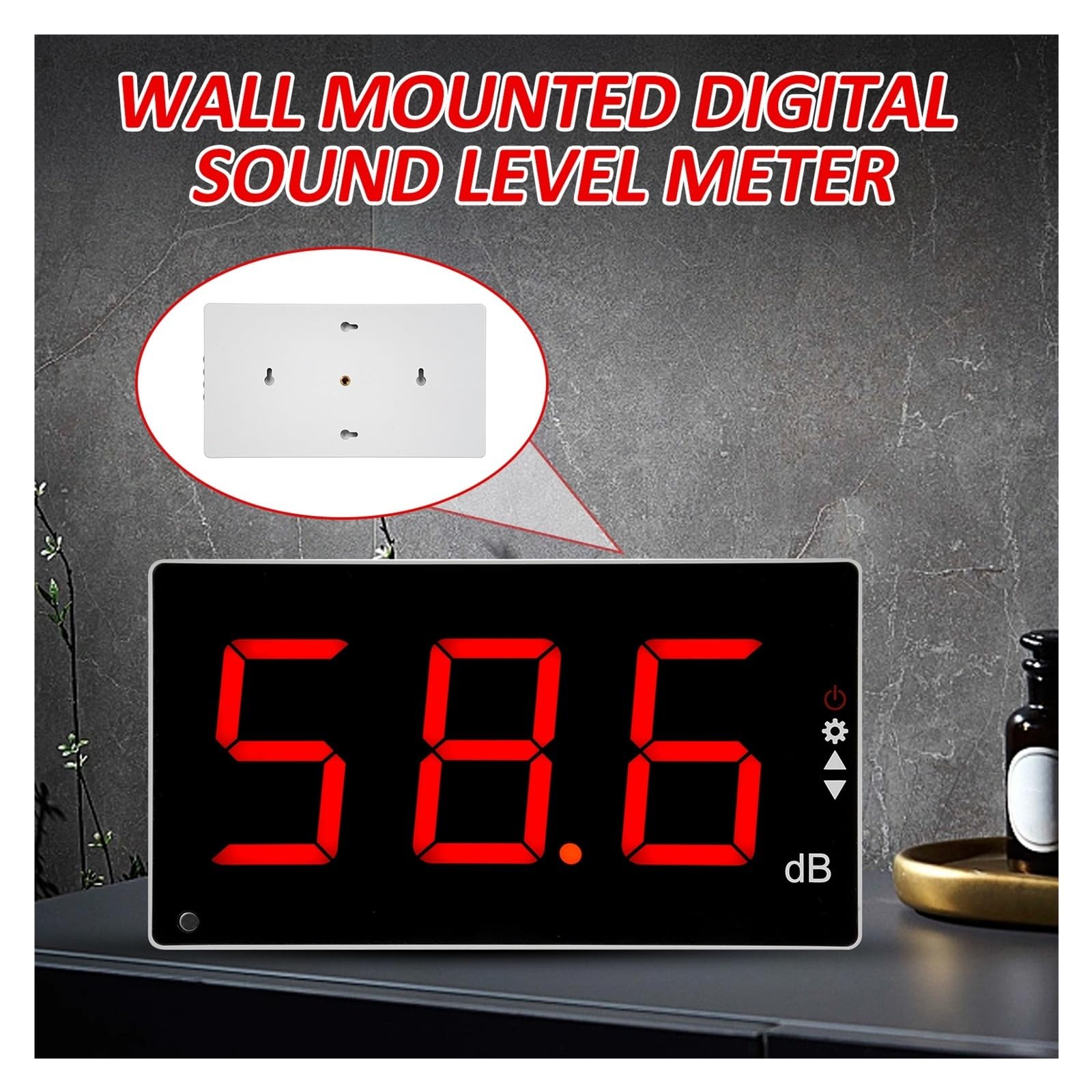 Medidor de decibelios, Sonómetro digital de pared con rango medición 30-130 dB y alarma sonora