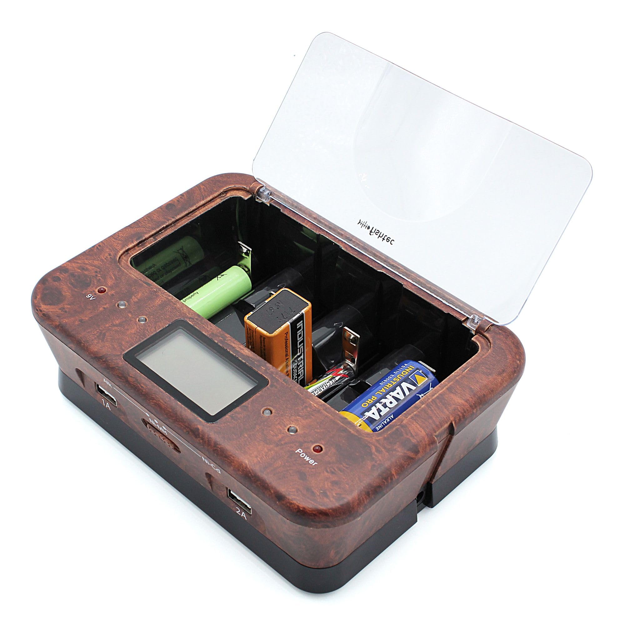 Cargador de Pilas Recargables AA/LR6, AAA/LR3, C/LR14, D/LR20, 9 V, NiCd y NiMh + alcalinas – Pantalla LCD – Indicador de Carga – Cargador Universal 4 Pilas + 2 Puertos USB – Lupa de Orme – Madera