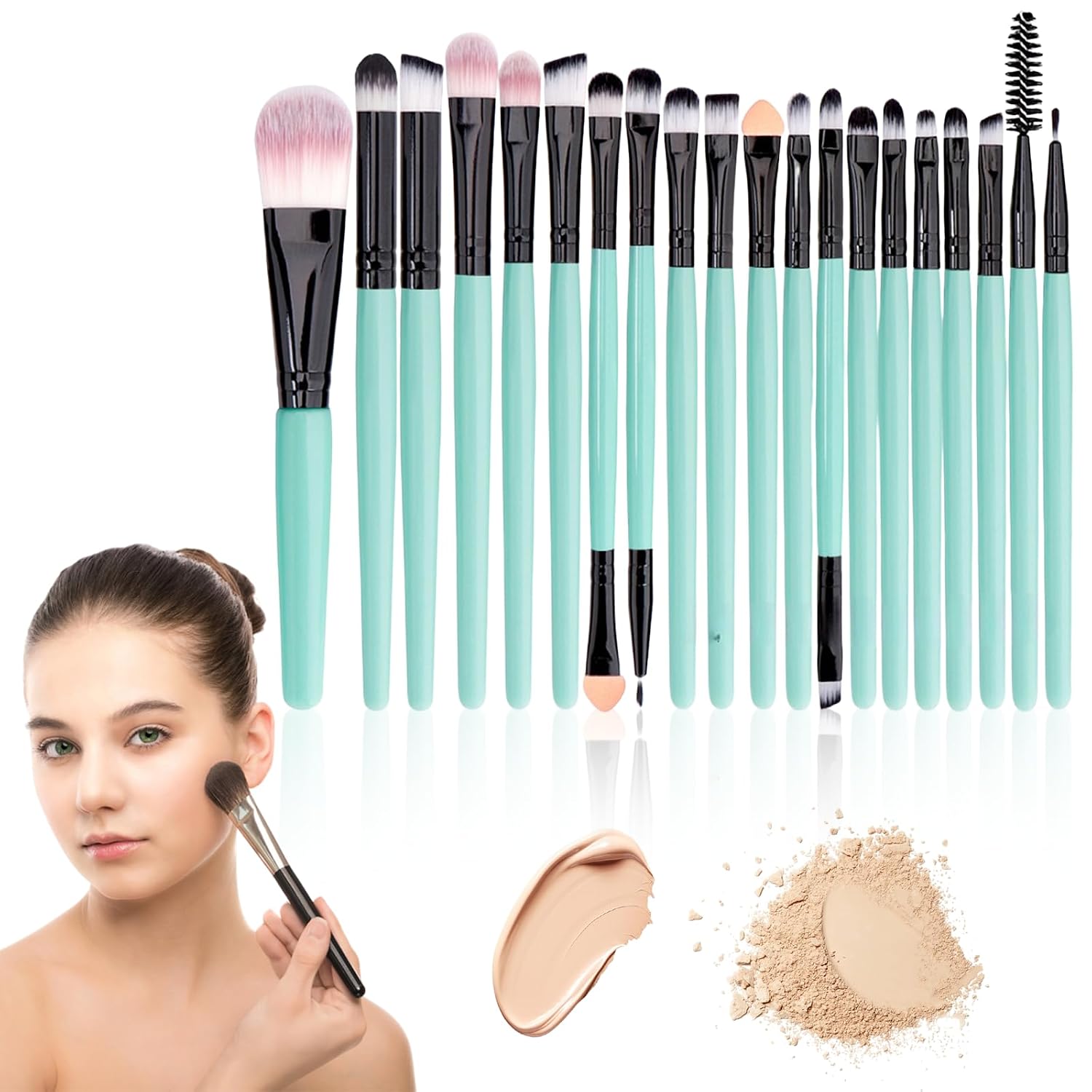 Makeup Brush Set 20 Pcs Professional Face Eye Brushes Foundation Eyeshadow Blending Contour Powder Kabuki Kit Travel Use(Green)
