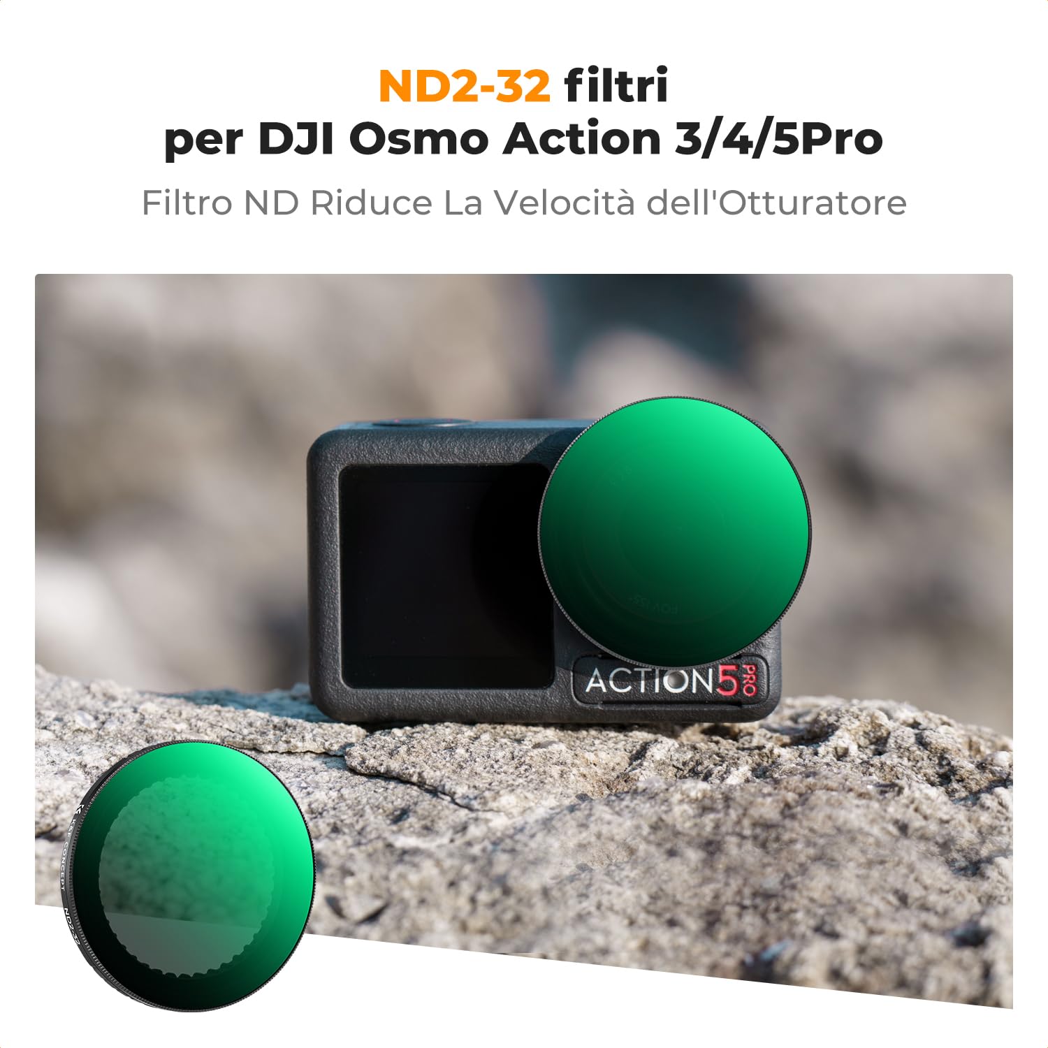 K&F CONCEPT Push In Fit Filtro ND2-32 Variabile Compatibile con DJI Osmo Action 5 Pro, Filtro di Riduzione della Luce a Densità Neutra per Osmo Action 4/3, Accessori per Action Camera