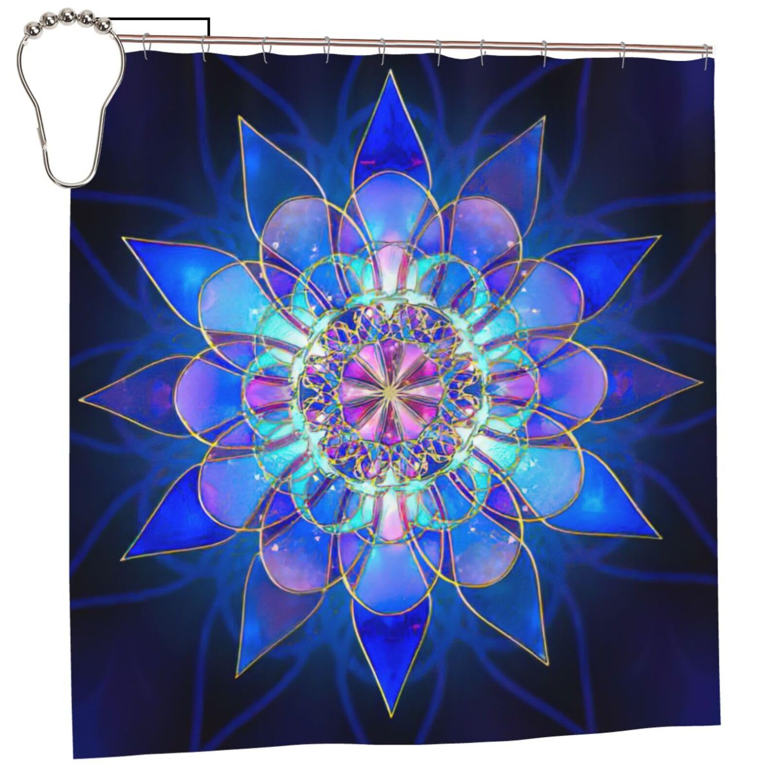 Rideau de douche lotus bohème 183x183 en polyester anti-rouille pour déco salle de bain