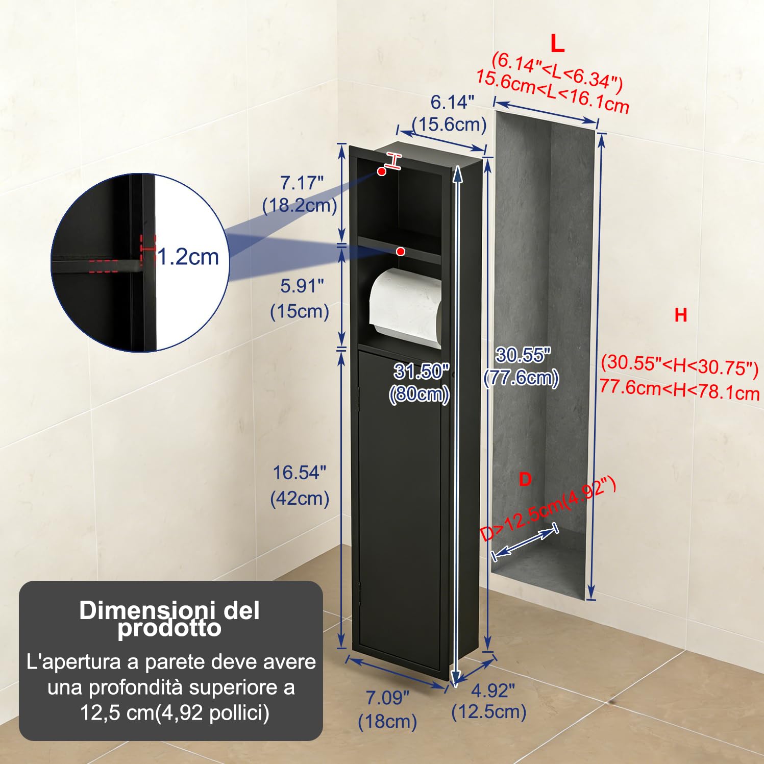 HJZALMI Portarotolo per carta igienica, da incasso, 80 x 18 x 12,5 cm | in acciaio inox 304, con scomparto extra, push-to-open, nero