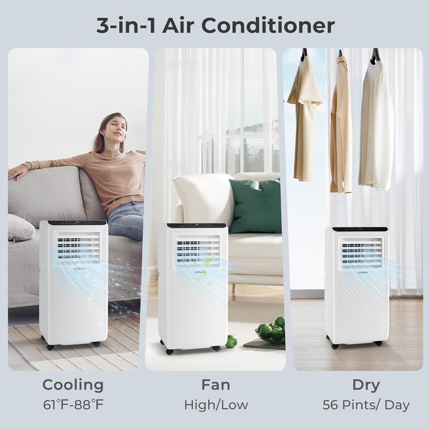 Three panels showing the COSTWAY portable air conditioner in its three operating modes: Cooling (61°F-88°F), Fan (High/Low), and Dry (56 Pints/Day).