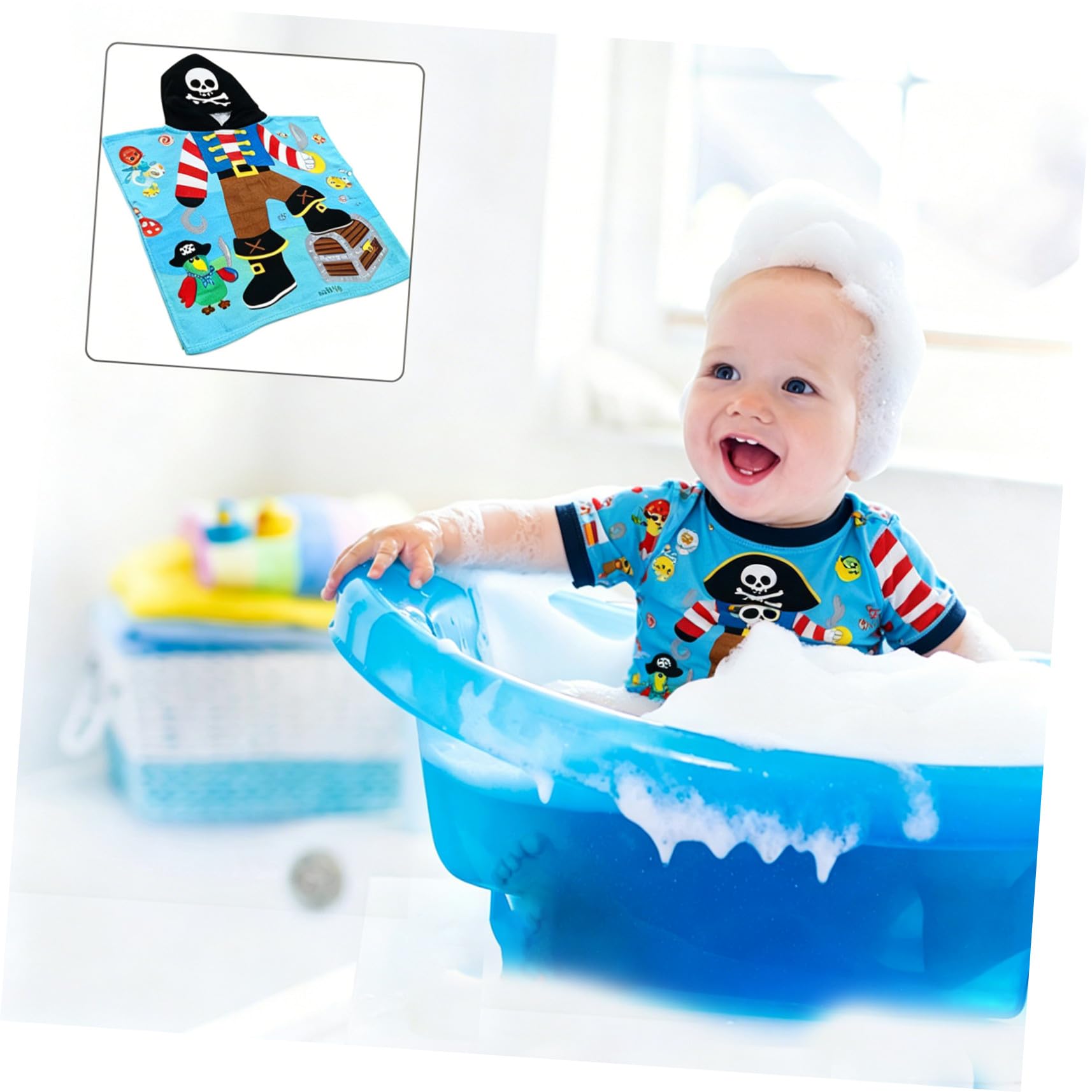 Baumwolle Kinderbademantel Piratenkapitän Design, mit Kapuze | Atmungsaktives Badetuch für Kinder, Weich und Waschbar, Trocknet Schnell, 1 Stück