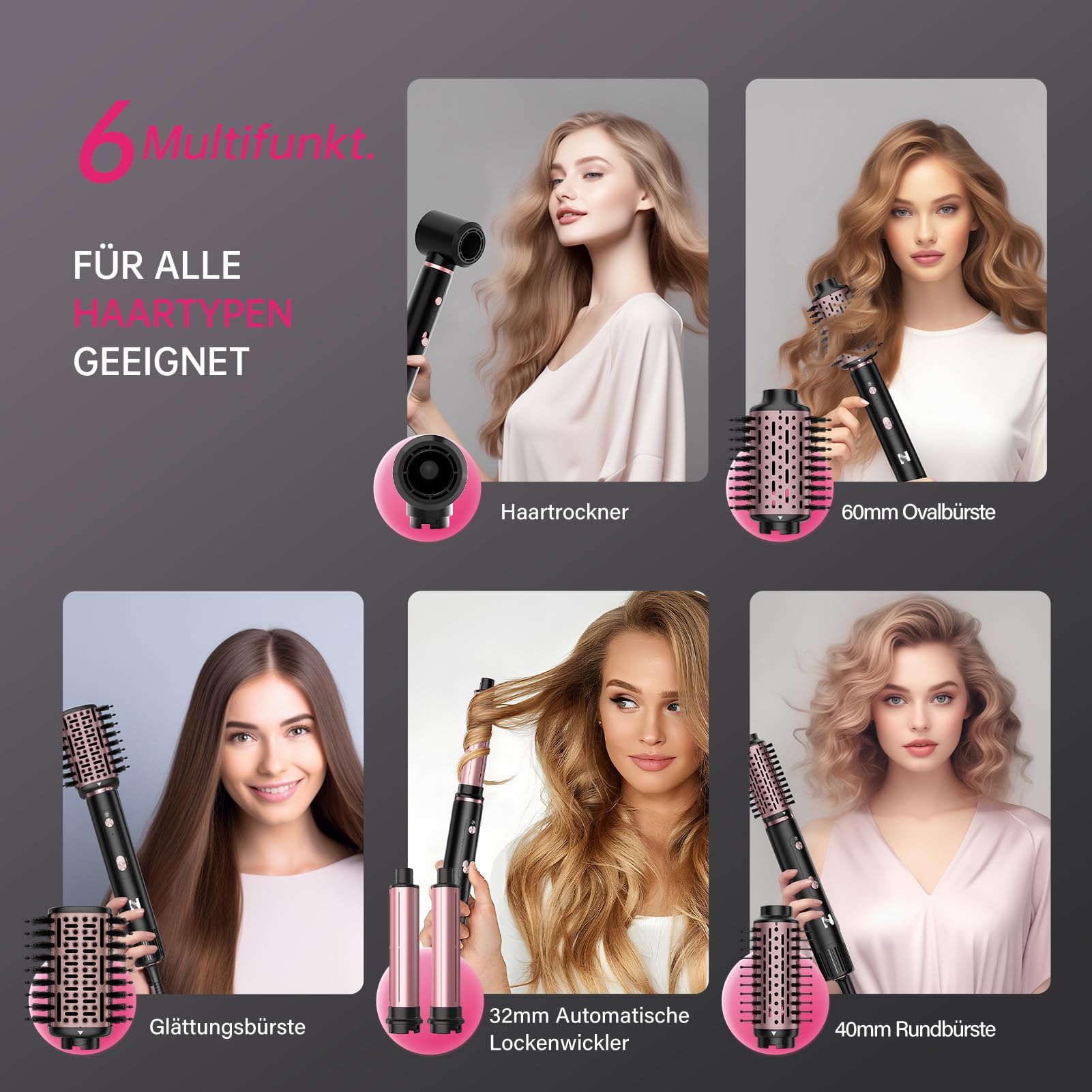 NICEBAY 6-in-1 Airstyler mit 110.000 U/min BLDC Motor, Negativ-Ionen Hairstyler, 1300W Haartrockner Warmluftbürste - Schwarz/Roségold