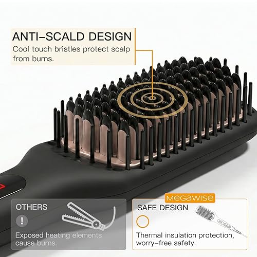 Miniatura 7 de MEGAWISE Cepillo alisador de pelo iónico Pro Ceramic para salón en casa, cepillo alisador con tecnología de calefacción de 20 segundos, apagado
