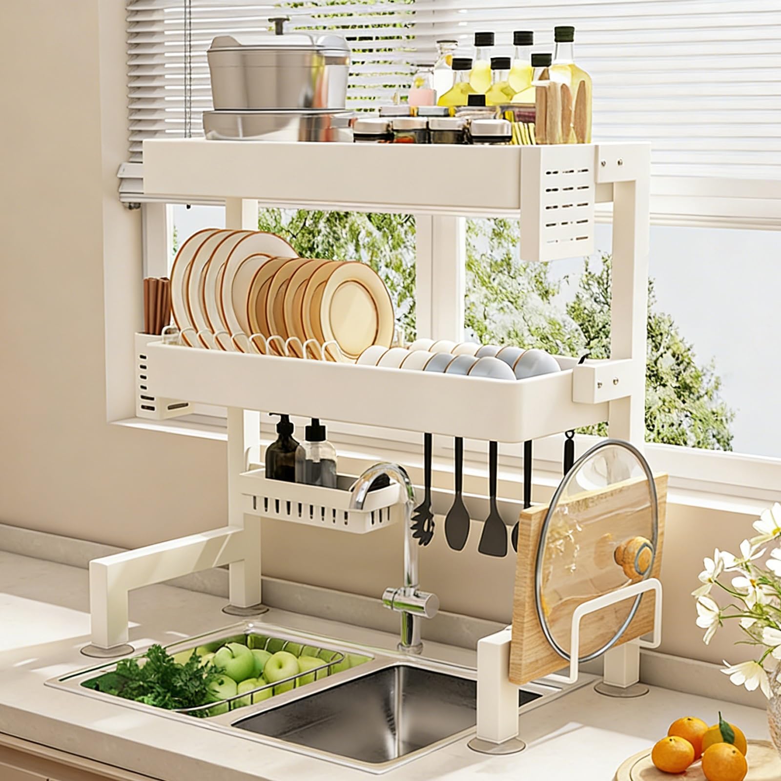 2 Tier Over The Sink Dish Drainer Drying Rack, Carbon Steel Dish Rack, Kitchen Counter Organizers Shelf, Sturdy Load-Bearing, Space-Saving(76cm/29.9in)