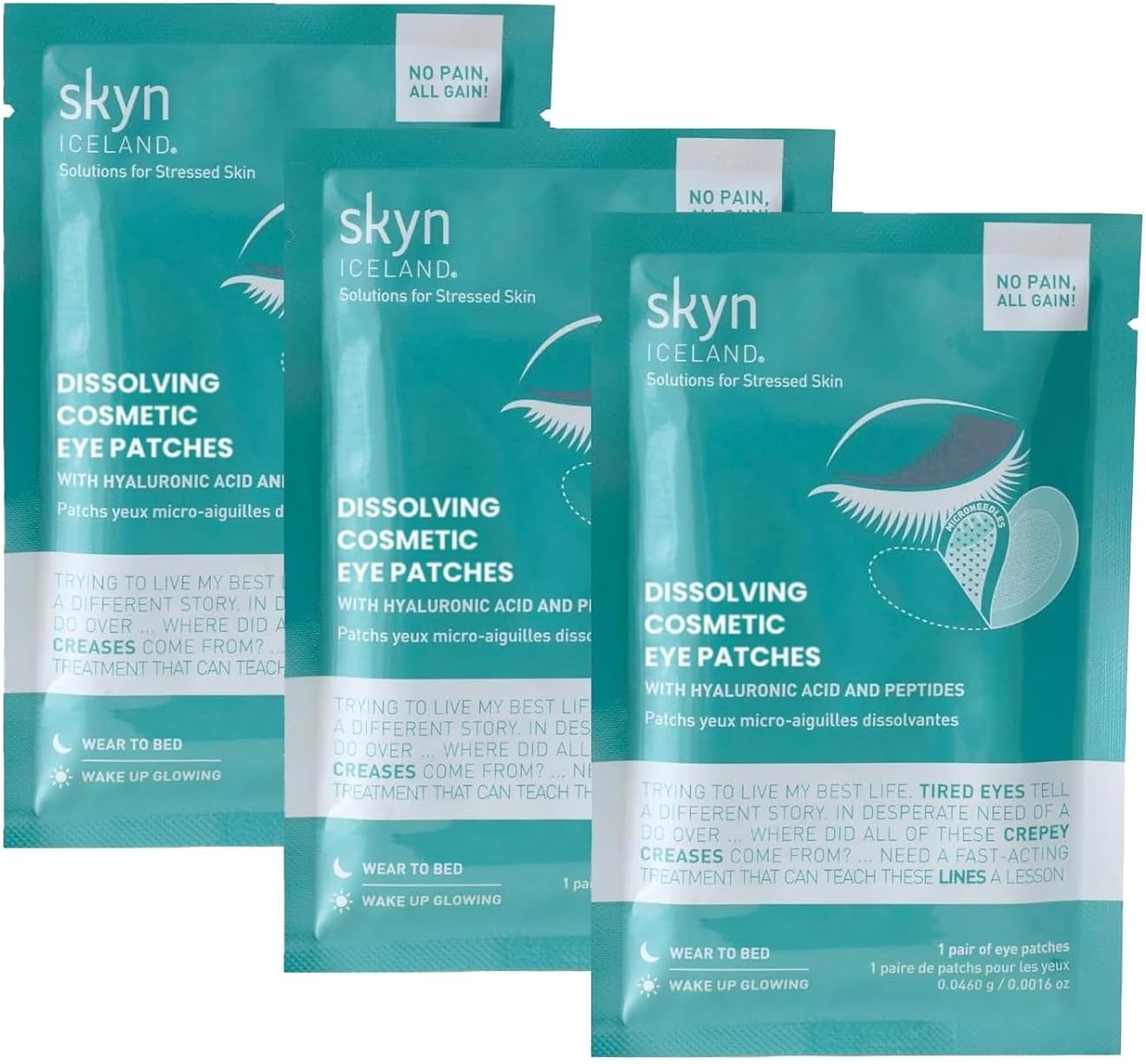 skyn ICELAND Dissolving Microneedle Under-Eye Patches — 39% Hyaluronic Acid & Peptides, No-Slip Overnight Eye Mask, Vegan, All Skin Types, 3 Pairs