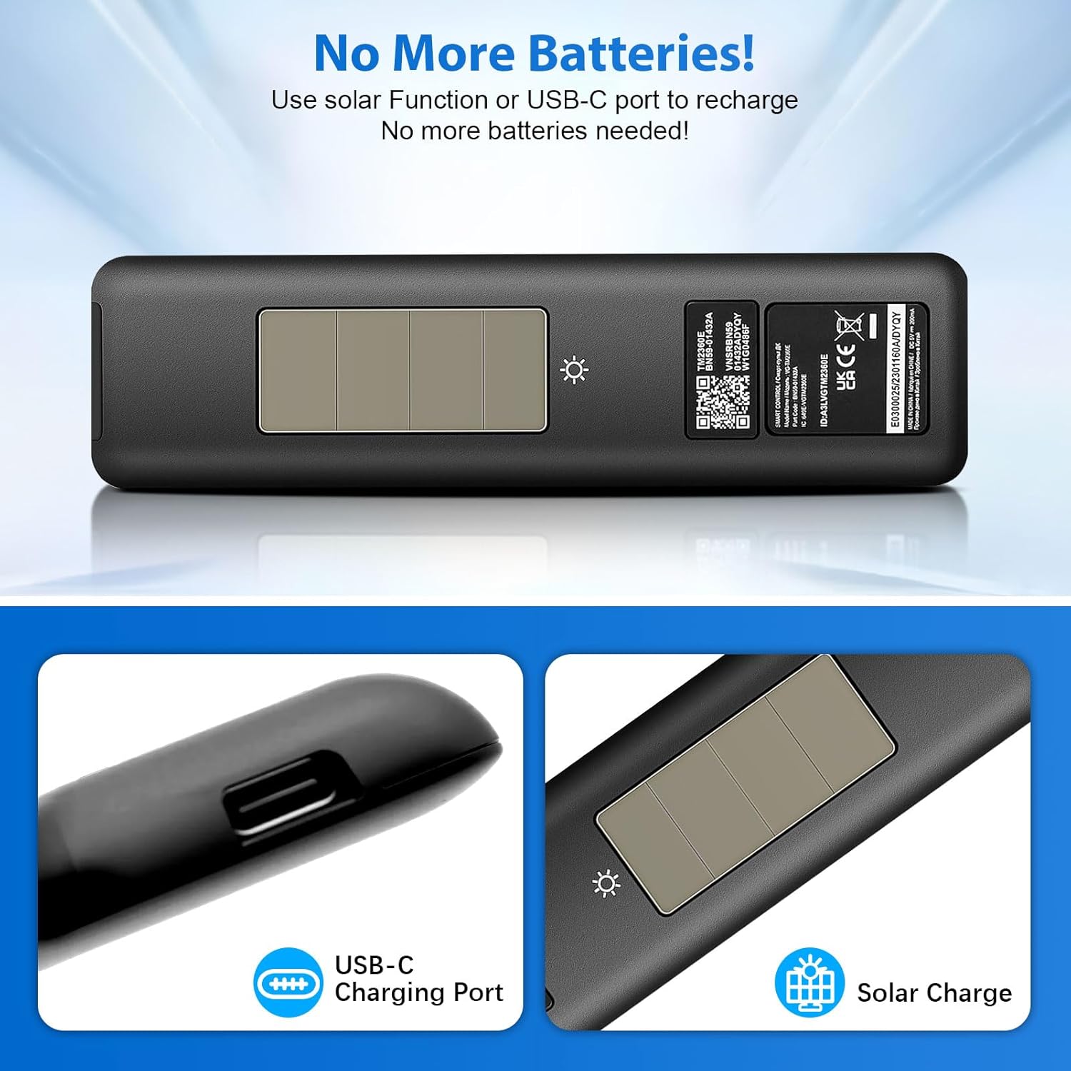 Close-up of the remote showing USB-C charging port and solar panel