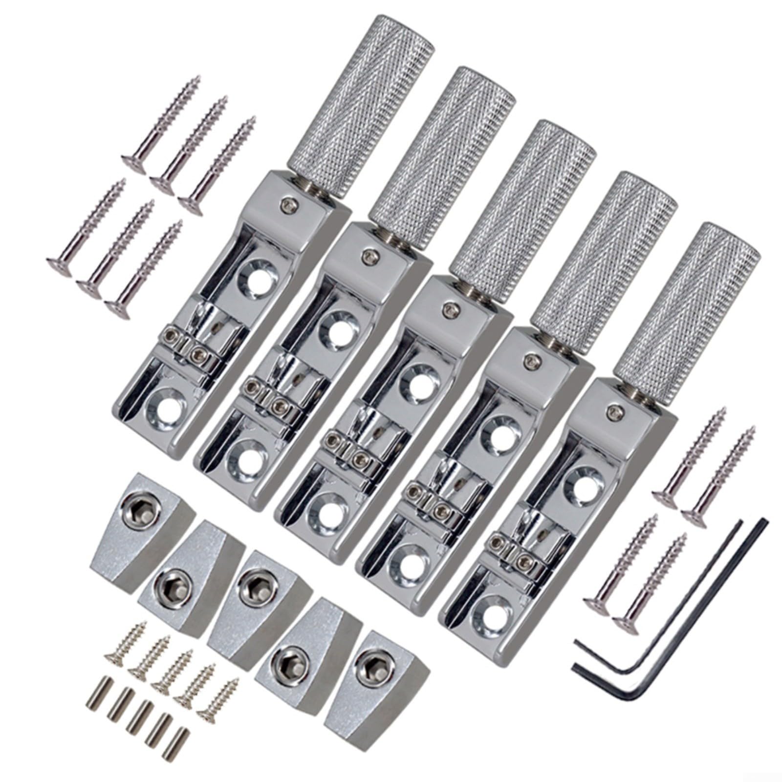 1 set di ponte per basso senza testa per basso elettrico a 4/5/6 corde, ponte split singolo con viti e chiavi, argento, accordatura precisa e stabilità per bassi senza testa (argento, 5 pezzi)