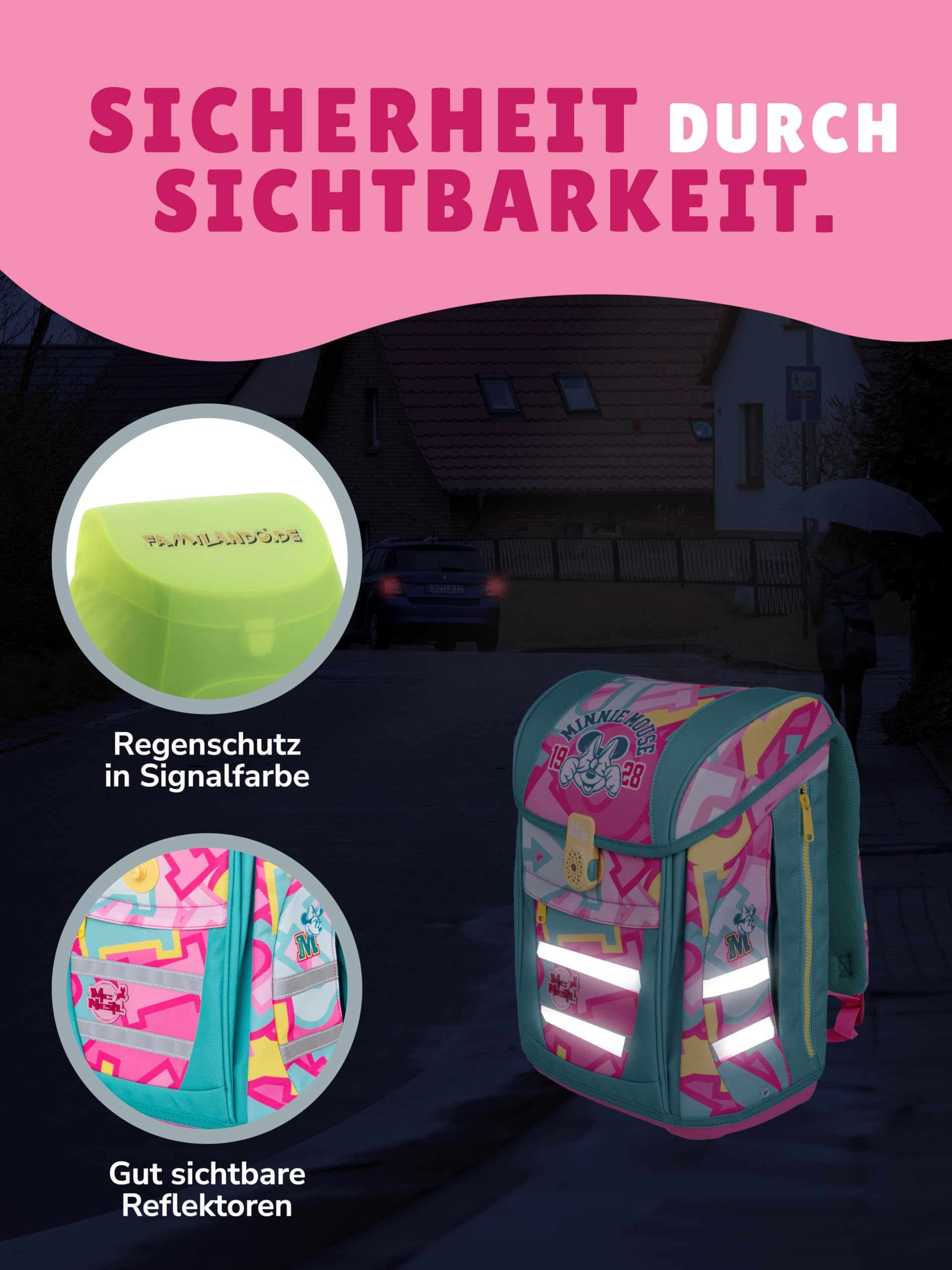 Familando - McNeill Teneris Schulranzen Set - 9-teilig mit Sporttasche - Minnie Mouse - Ergonomisch & verstellbarer Brustgurt - 980g leicht mit 18L Volumen & Reflektoren - Für Grundschule ab 1. Klasse