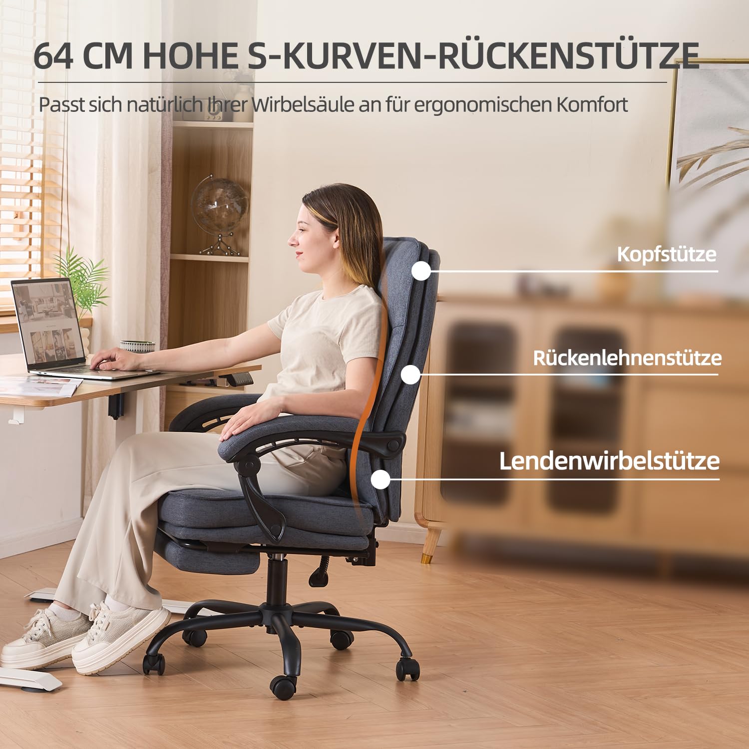 MZLEE Bürostuhl, Schreibtischstuhl Ergonomisch mit Fußstütze, Linkage-Armlehnen, Höhenverstellbar, Liegefunktion 90°-135°, Stoff Chefsessel für Arbeiten und Nickerchen, Stuhl 150 kg