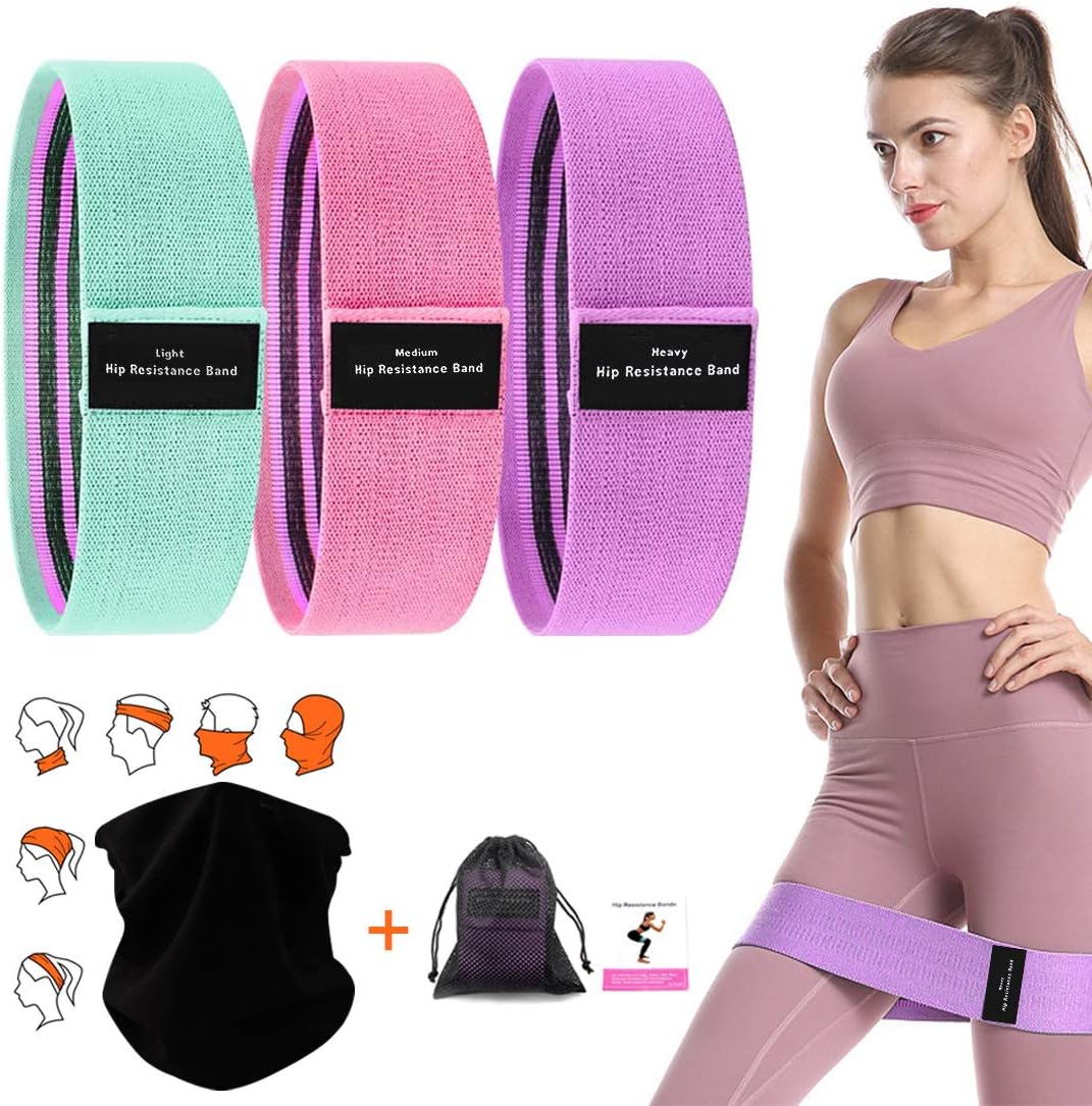 Queenmew. 3 Pack Resistance Booty Bands with Headwear Bandana Set for Women Legs and Butt Fabric Exercise Fitness Non-Slip Stretch Workout Resistance loop Bands for Women…