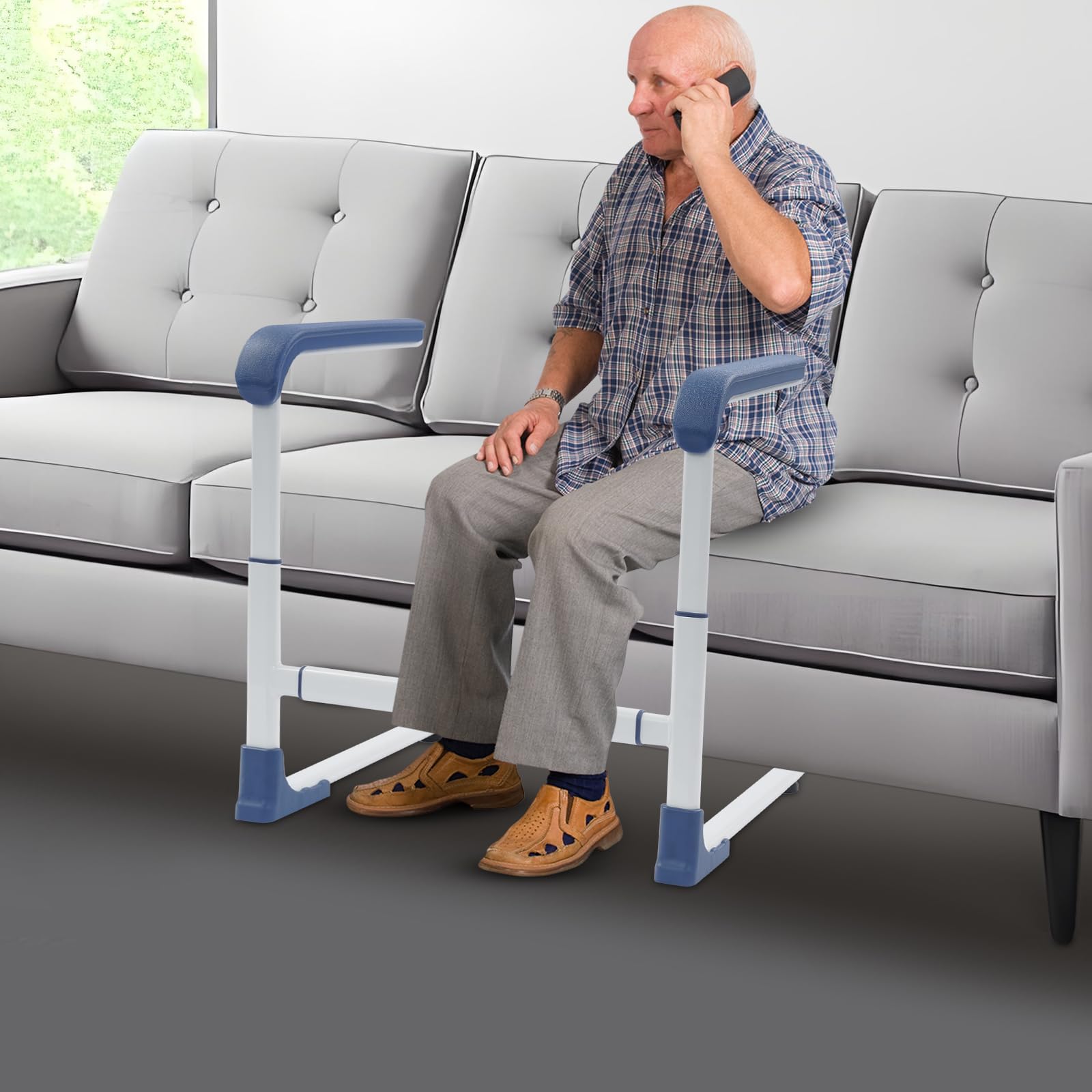 Ausili per alzarsi da Divano/Letto/WC, Aiuto per alzarsi antiscivolo per anziani con maniglia larga, Altezza e larghezza regolabili Supporto per pazienti e disabili, fino a 150 kg (Blu)