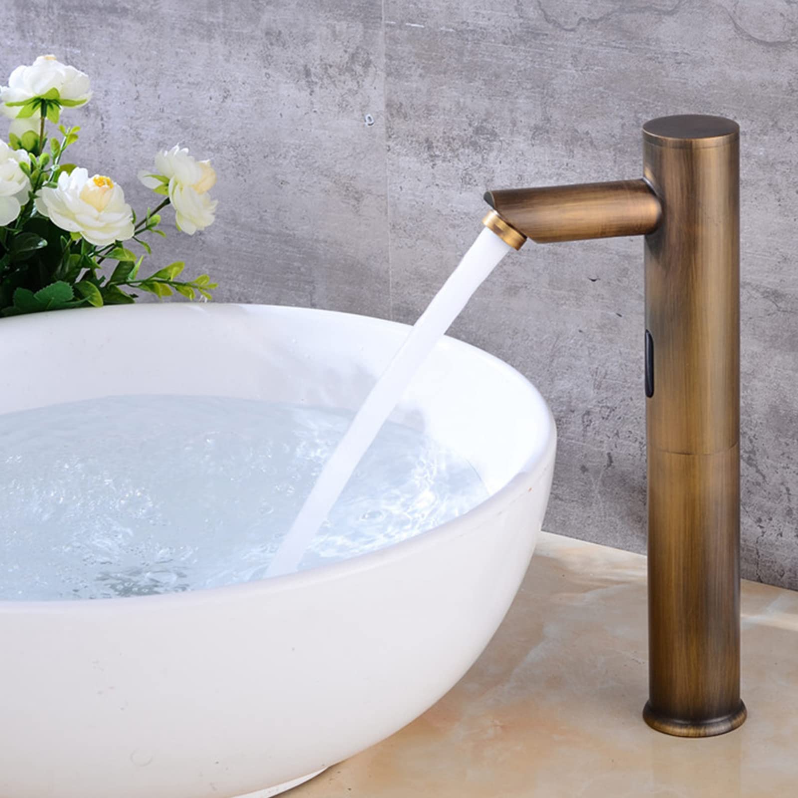 Automatischer Sensor-Badezimmer-Wasserhahn, berührungslose Handmischbatterie mit Messing-Konstruktionsbeschichtung für Waschbecken, Stromversorgung durch 4 (Antiquität)