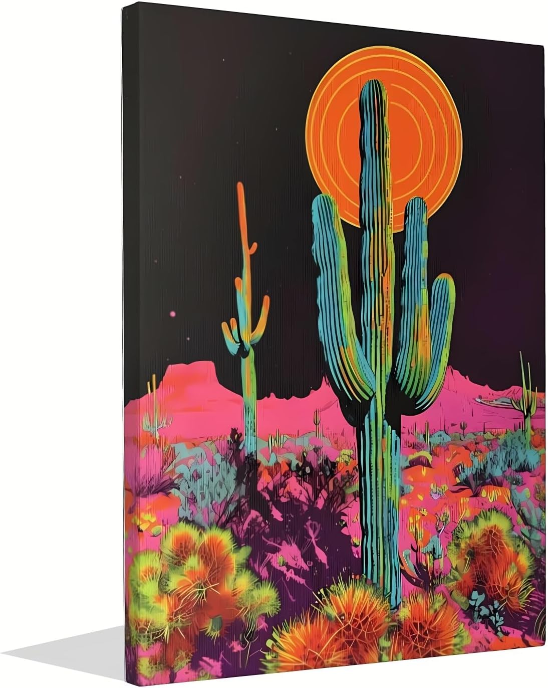 Cactus Bathroom Decor Framed Artwork,Desert Sunset Wall Art,Botanical Prints Trippy Posters,Green Pastel Landscape Abstract Illustrations,Cactus Pink Pictures Wall Decor for Bedroom Home Aesthetic Painting 16x24 inches