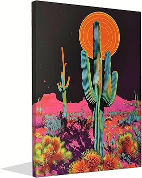 Cactus Decor Framed Artwork,Desert Sunset Wall Art,Botanical Prints Trippy Posters,Green Pastel Landscape Abstract Illustrations,Cactus Trippy Room Decor Aesthetic Bathroom Wall Art Framed, 12x16 inches