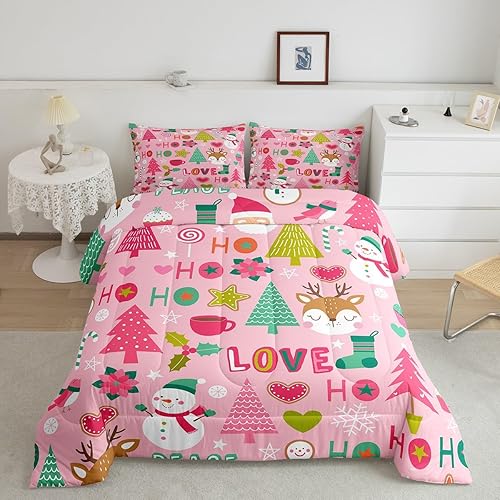 Castle Fairy Juego de edredón rosa de Navidad, tamaño individual, juego de edredón de dibujos animados de Papá Noel, muñeco de nieve, colección de