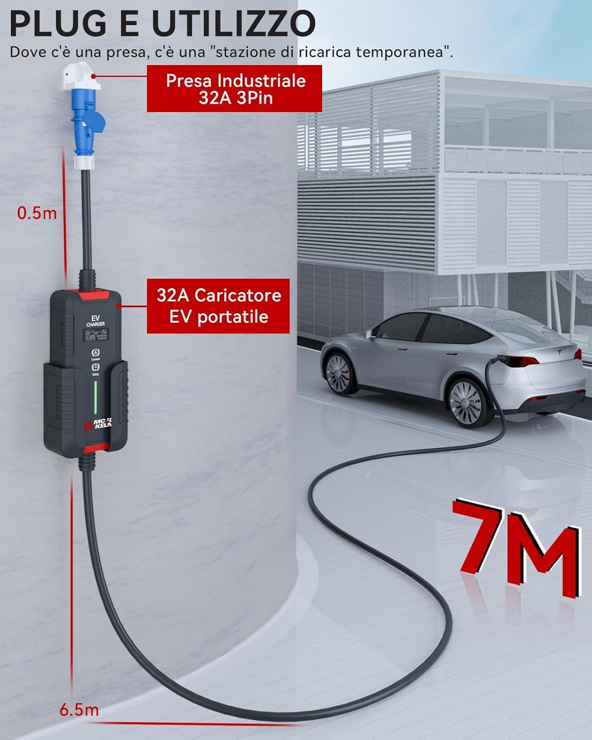 MCEVKELN EV Caricatore Tipo 2 7KW, Cavo Ricarica Auto Elettrica CEE(3Pin) Con Scatola Commutabile 6-32A, 7M Charger Portatile IEC 62196-2 Stazione Caricabatterie