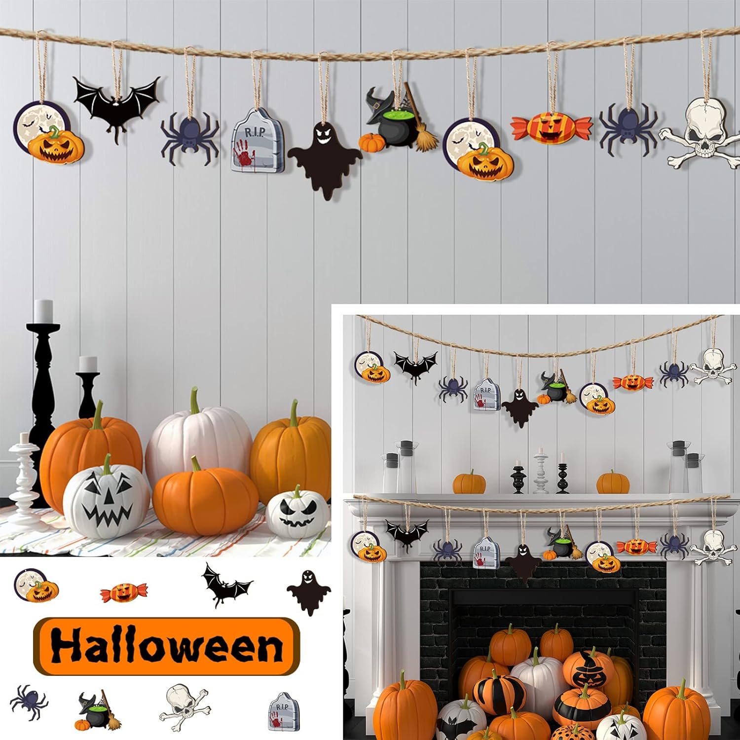 24 Pieces Halloween Wooden Hanging Ornaments Halloween Tree Decorations Wood Sign with Rope Pumpkin Ghost Witches Hat Decors for Party Home Decoration(Bat Style) - Image 2