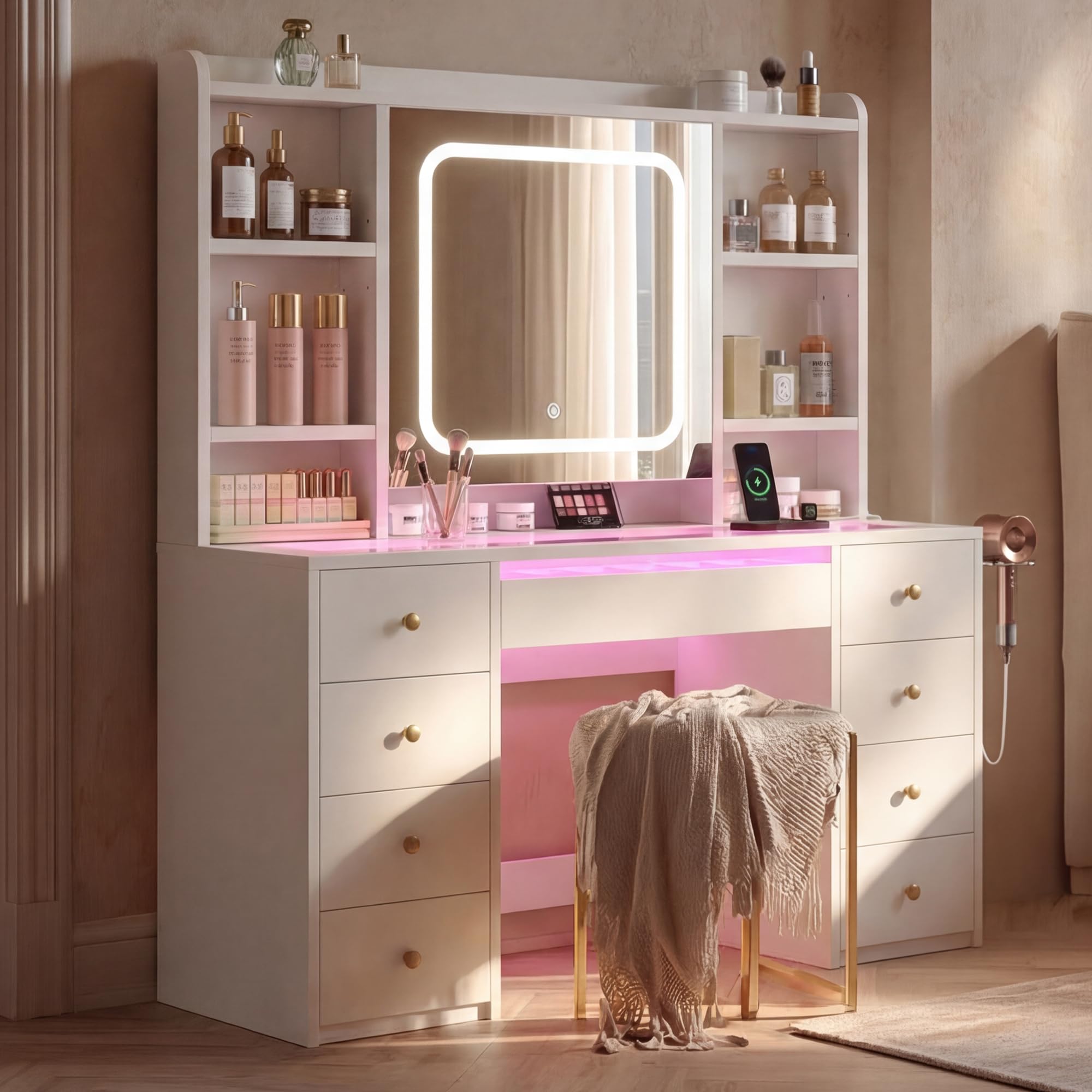 Heybly Tocador de Maquillaje con Espejo LED y Luz, Tocador Grande con Cajones y Cristal, Luces RGB, Enchufes y Puertos USB, Tocador Moderno Blanco para Dormitorio BDT001WT