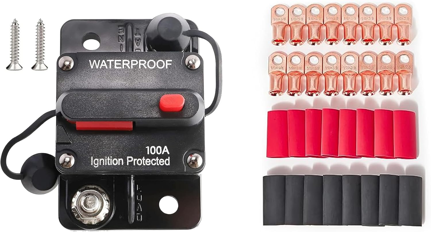 RED WOLF 100A Circuit Breaker Manual Reset Switch 1 AWG - 3/8" Battery Cable End Copper Ring Terminal Connector Lug w/3:1 Ratio Heat Shrink Tube for Boat Trolling Stereo Battery Solar System Inline