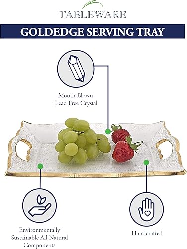 Miniatura 2 de Badash Goldedge Bandeja de vidrio para servir, 7 x 11 pulgadas, bandeja decorada a mano con hojas doradas con asas recortadas, apta para alimentos,