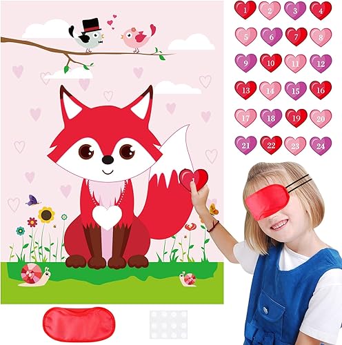PLULON Juego de San Valentín para niños, pin corazón en zorro con 24 calcomanías de corazón, póster para niñas y niños, decoraciones de fiesta de