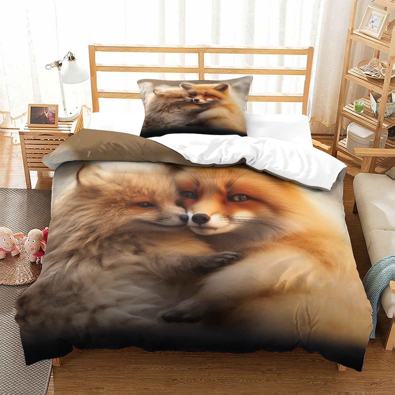 P1S9U7W5Y Cozy Fox 3D Printed Microfiber 3 Piece Duvet Cover Set, Bedroom Decor Fox Bedding Set for Adults Teens, Soft Breathable Gift Single（135x200cm）
