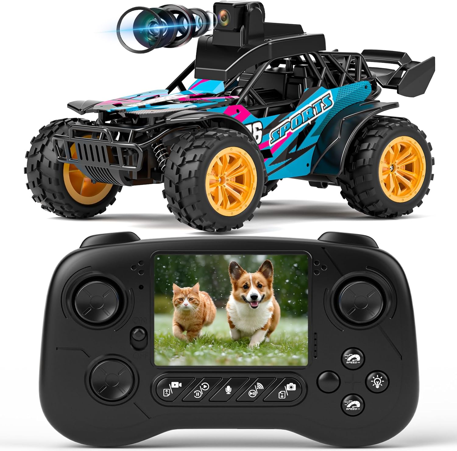 RC Truck with FPV Camera, 2.4GHz Remote Control Car, 2.4" LCD Screen, 45° Adjustable Camera, RC Car with 2 Speed Modes, Rechargeable Off-Road Truck for Adults Beginners